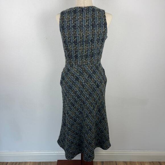 Ann Mashburn Blue Green Tweed Wool Sleeveless Sheath Trumpet Midi Dress Small - Picture 2 of 13